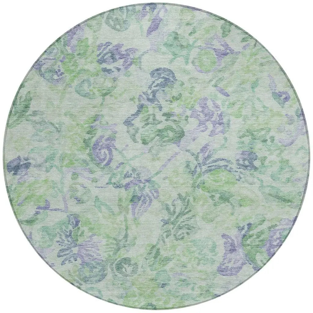 8' Green And Silver Round Floral Washable Indoor Outdoor Area Rug Homeroots Outdoor