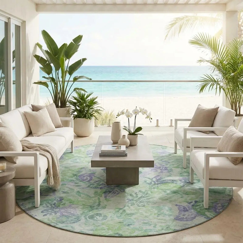 8' Green And Silver Round Floral Washable Indoor Outdoor Area Rug Homeroots Outdoor