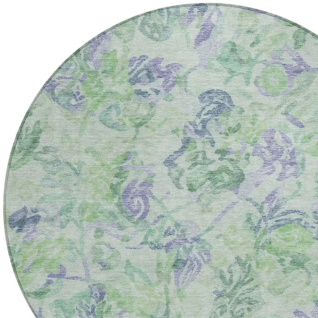 8' Green And Silver Round Floral Washable Indoor Outdoor Area Rug Homeroots Outdoor