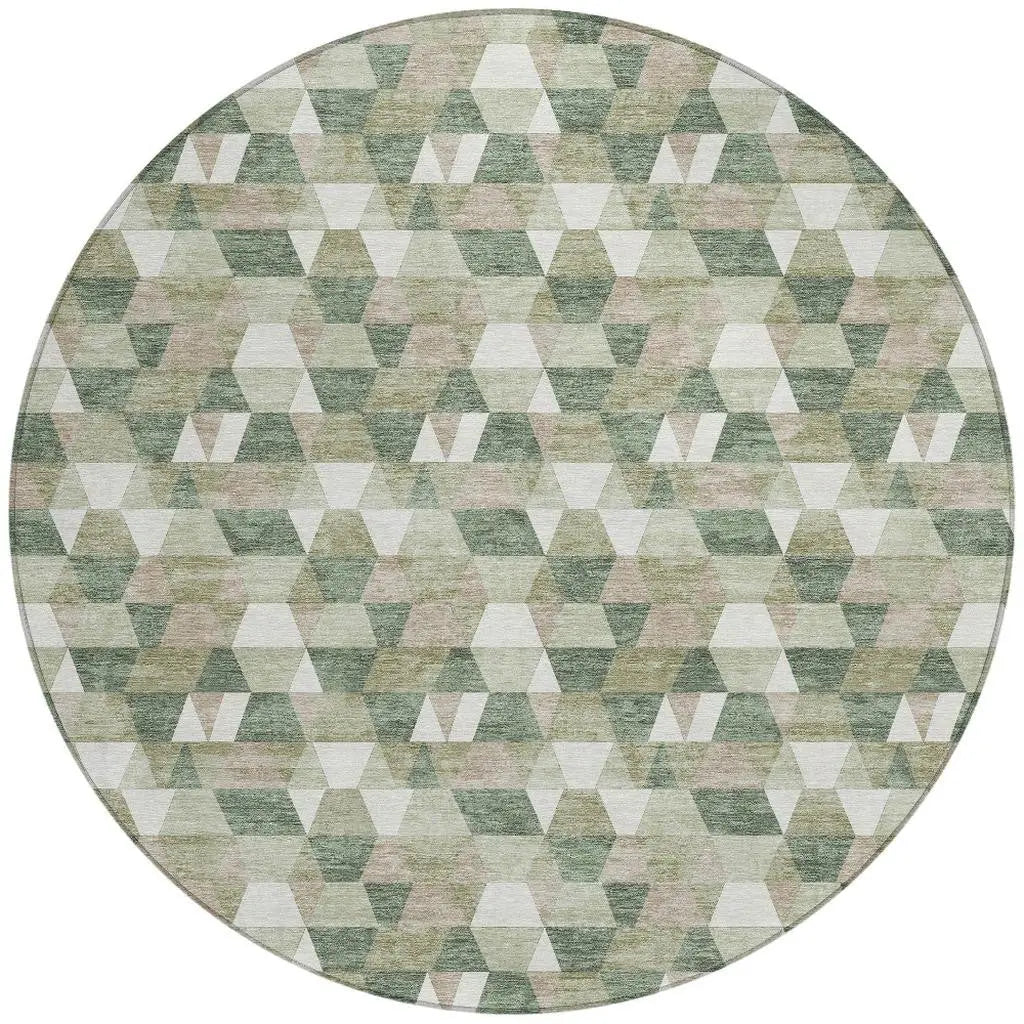 8' Green And Silver Round Geometric Washable Indoor Outdoor Area Rug Homeroots Outdoor