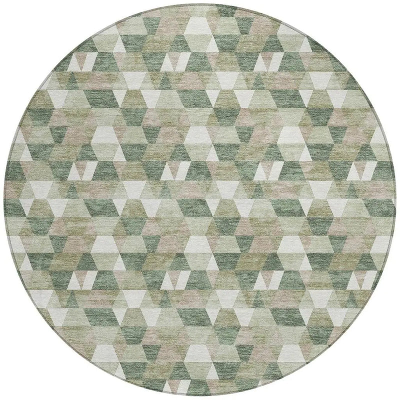 8' Green And Silver Round Geometric Washable Indoor Outdoor Area Rug Homeroots Outdoor