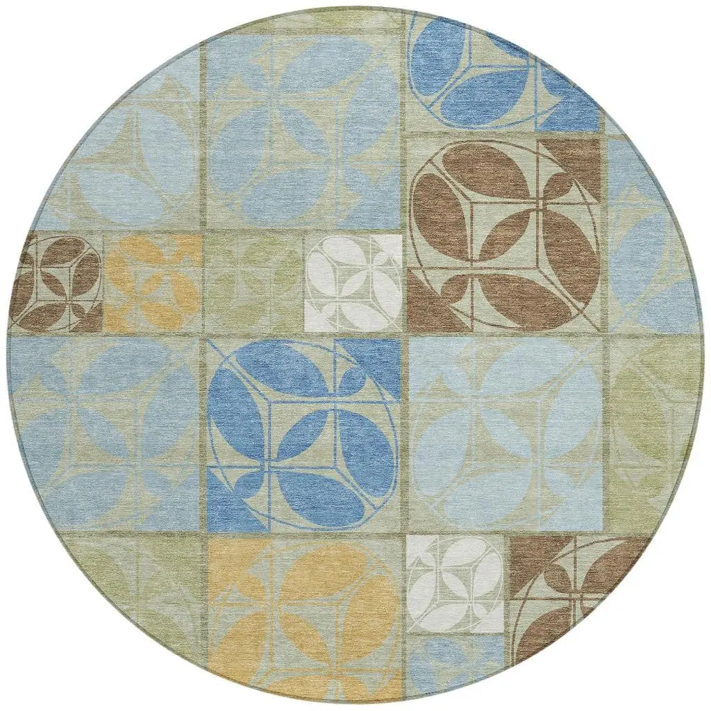 8' Green And Silver Round Geometric Washable Indoor Outdoor Area Rug Homeroots Outdoor