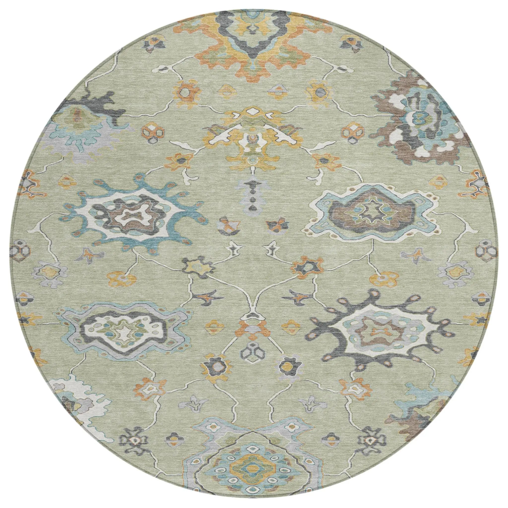 8' Green And Silver Round Oriental Washable Indoor Outdoor Area Rug Homeroots Outdoor
