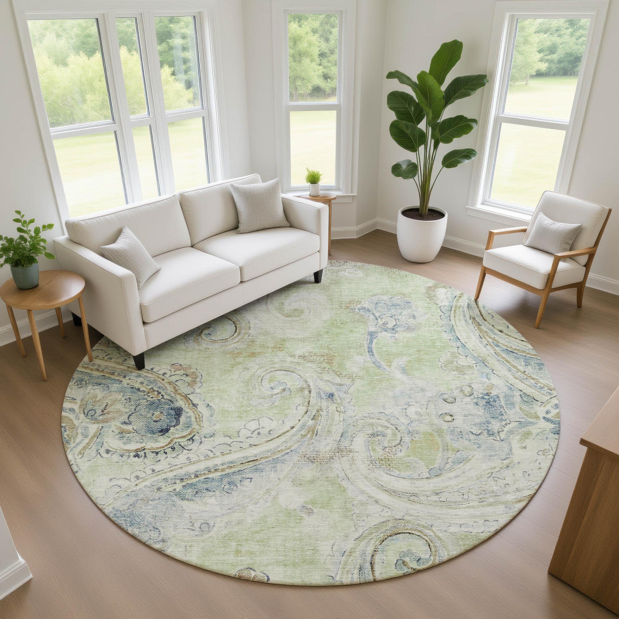 8' Green And Silver Round Paisley Washable Indoor Outdoor Area Rug Homeroots Outdoor