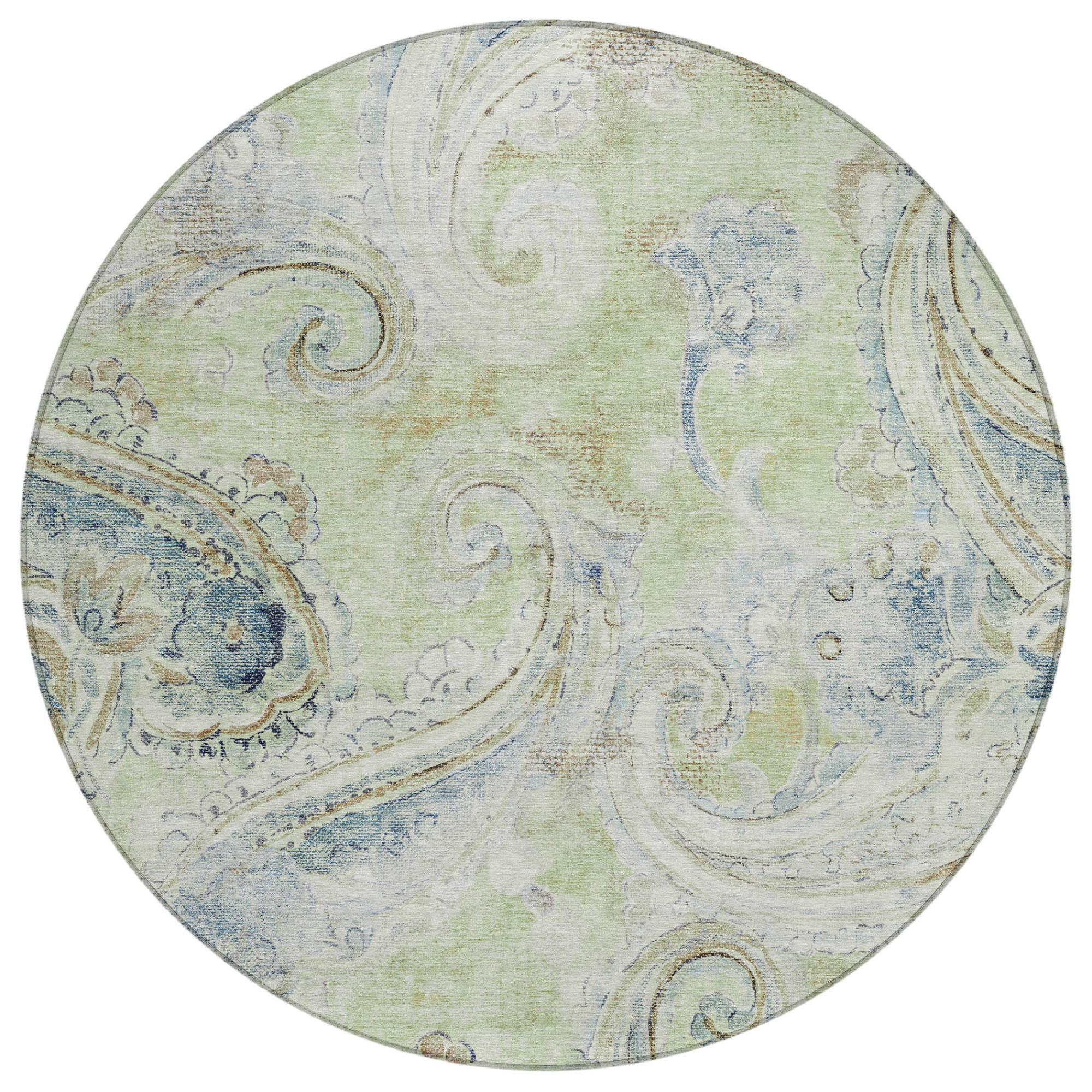 8' Green And Silver Round Paisley Washable Indoor Outdoor Area Rug Homeroots Outdoor
