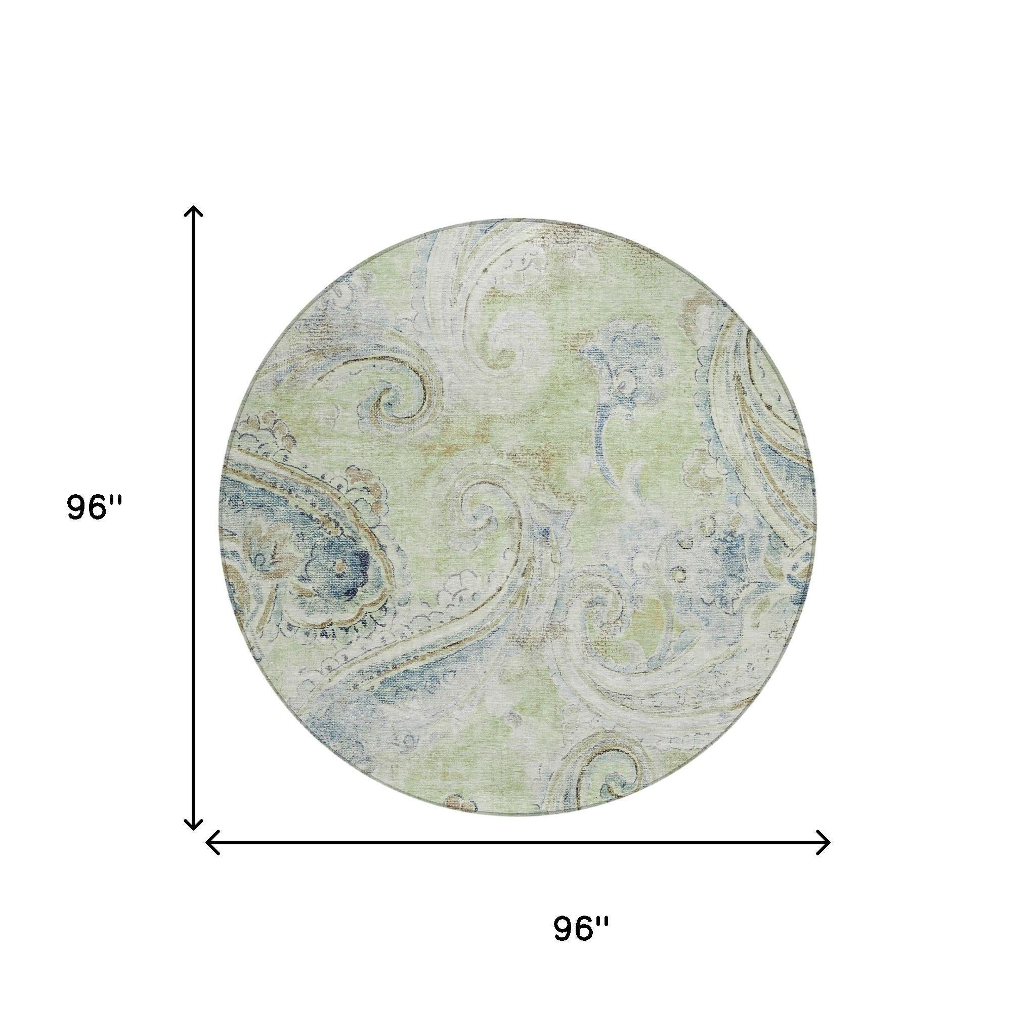 8' Green And Silver Round Paisley Washable Indoor Outdoor Area Rug Homeroots Outdoor