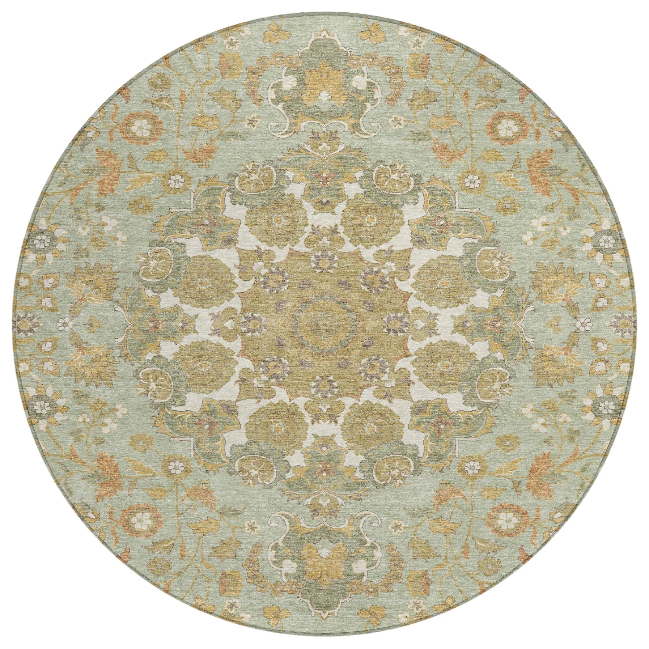 8' Green And Taupe Round Damask Washable Indoor Outdoor Area Rug Homeroots Outdoor