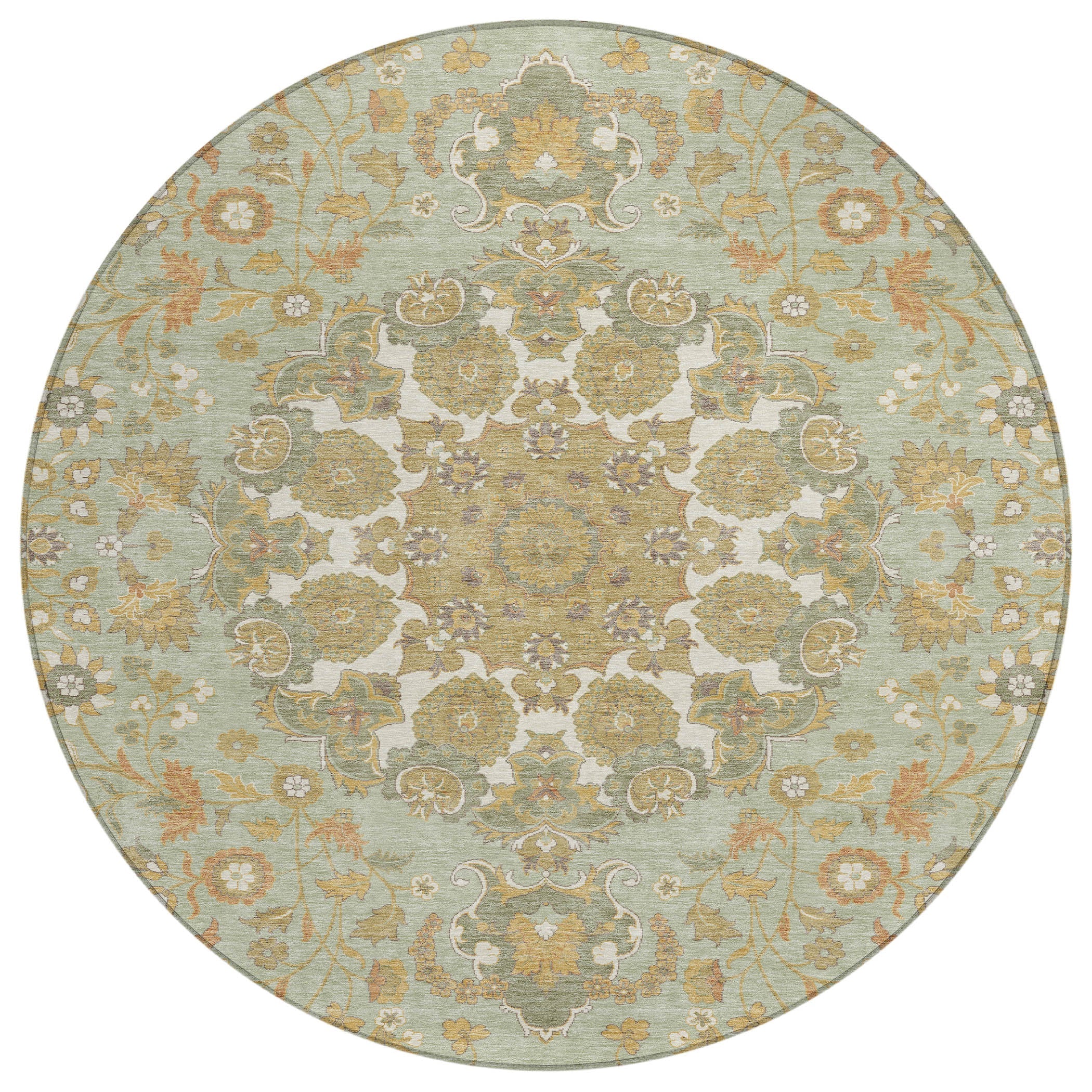8' Green And Taupe Round Damask Washable Indoor Outdoor Area Rug Homeroots Outdoor