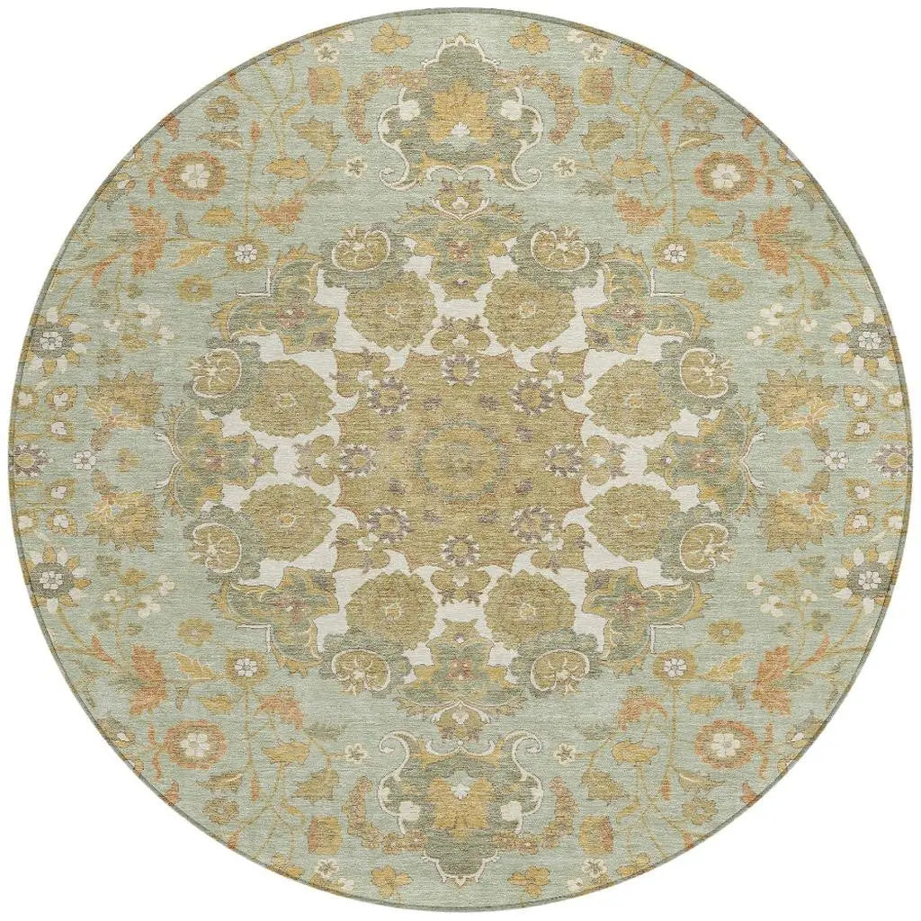 8' Green And Taupe Round Damask Washable Indoor Outdoor Area Rug Homeroots Outdoor