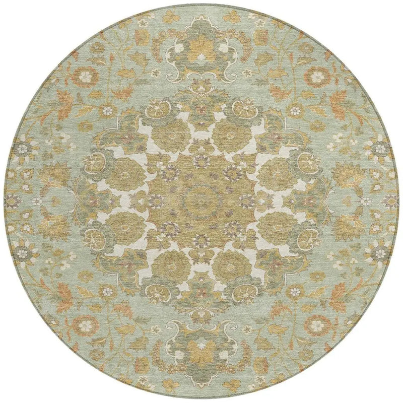 8' Green And Taupe Round Damask Washable Indoor Outdoor Area Rug Homeroots Outdoor