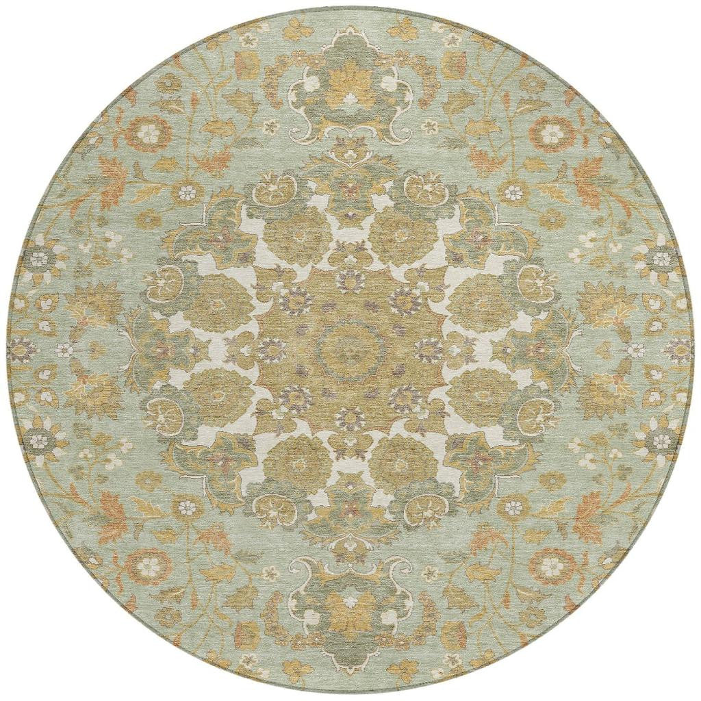8' Green And Taupe Round Damask Washable Indoor Outdoor Area Rug Homeroots Outdoor