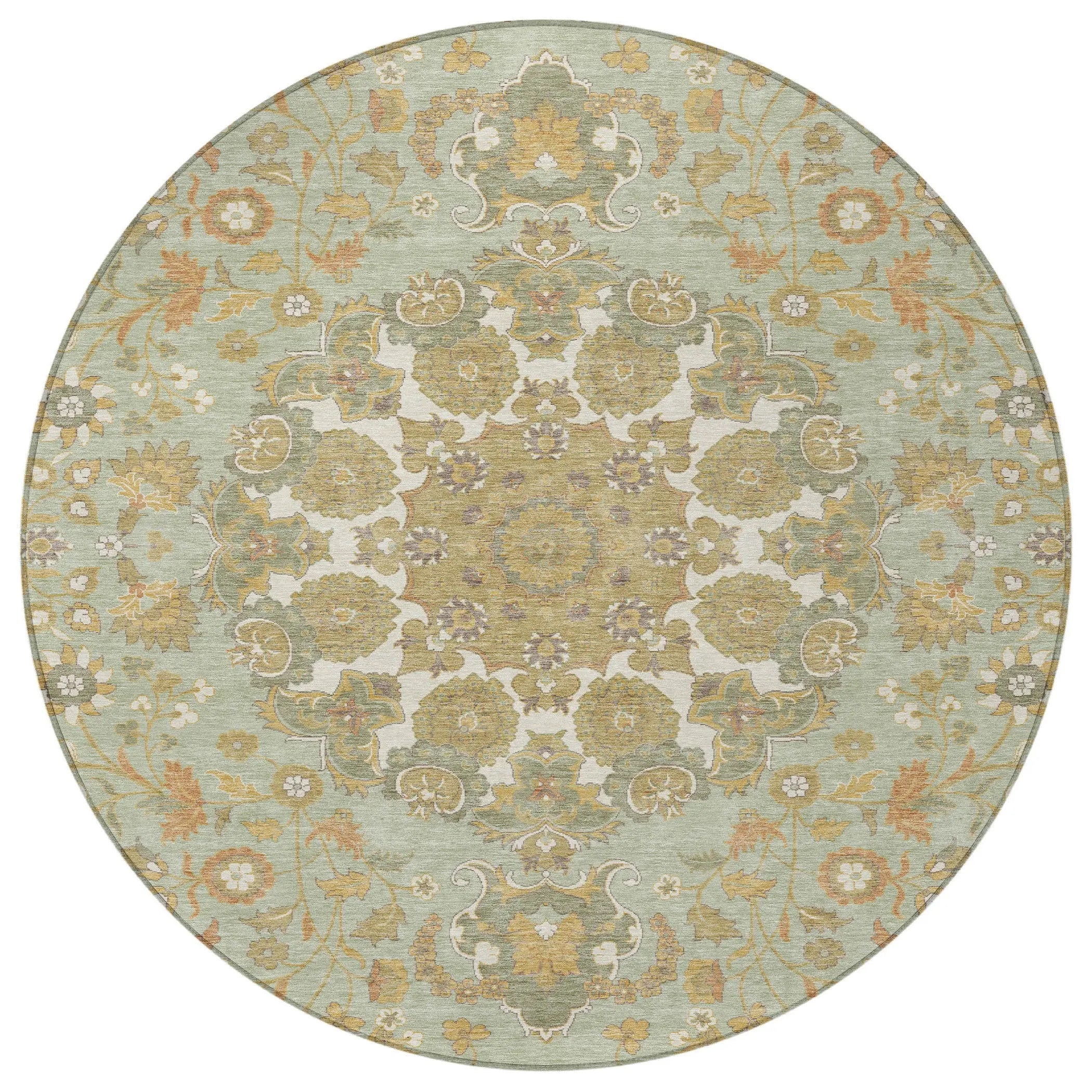 8' Green And Taupe Round Damask Washable Indoor Outdoor Area Rug Homeroots Outdoor