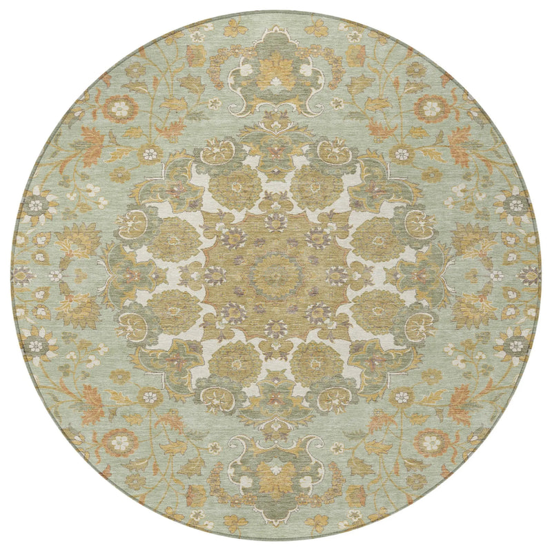 8' Green And Taupe Round Damask Washable Indoor Outdoor Area Rug Homeroots Outdoor