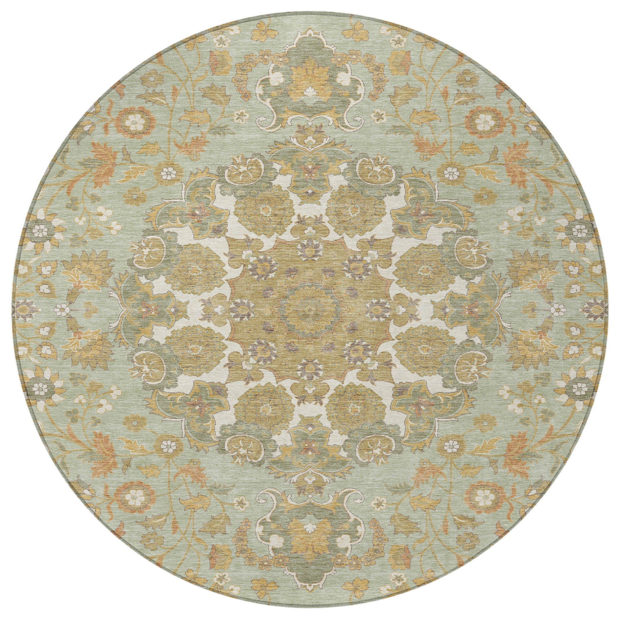8' Green And Taupe Round Damask Washable Indoor Outdoor Area Rug Homeroots Outdoor