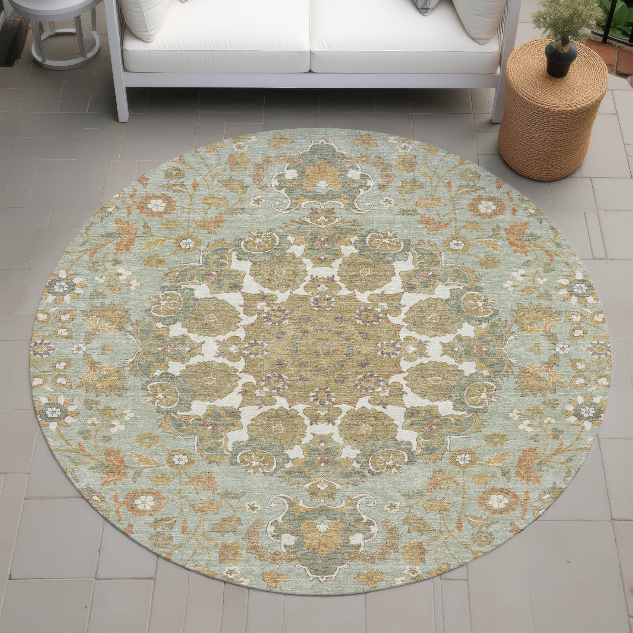 8' Green And Taupe Round Damask Washable Indoor Outdoor Area Rug Homeroots Outdoor