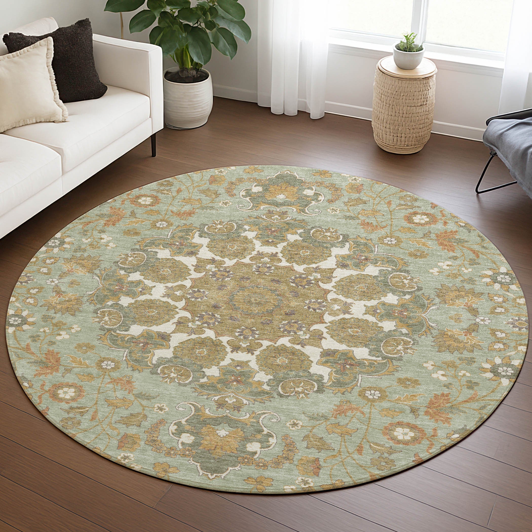 8' Green And Taupe Round Damask Washable Indoor Outdoor Area Rug Homeroots Outdoor