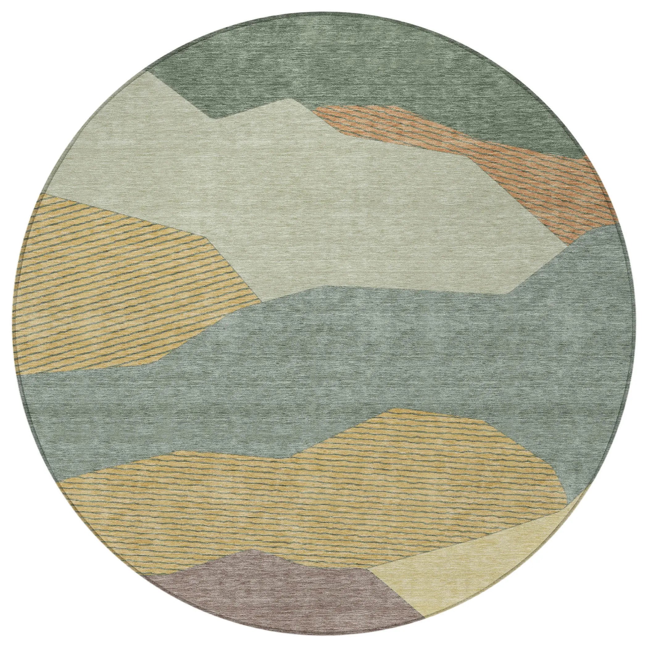 8' Green And Taupe Round Geometric Washable Indoor Outdoor Area Rug Homeroots Outdoor