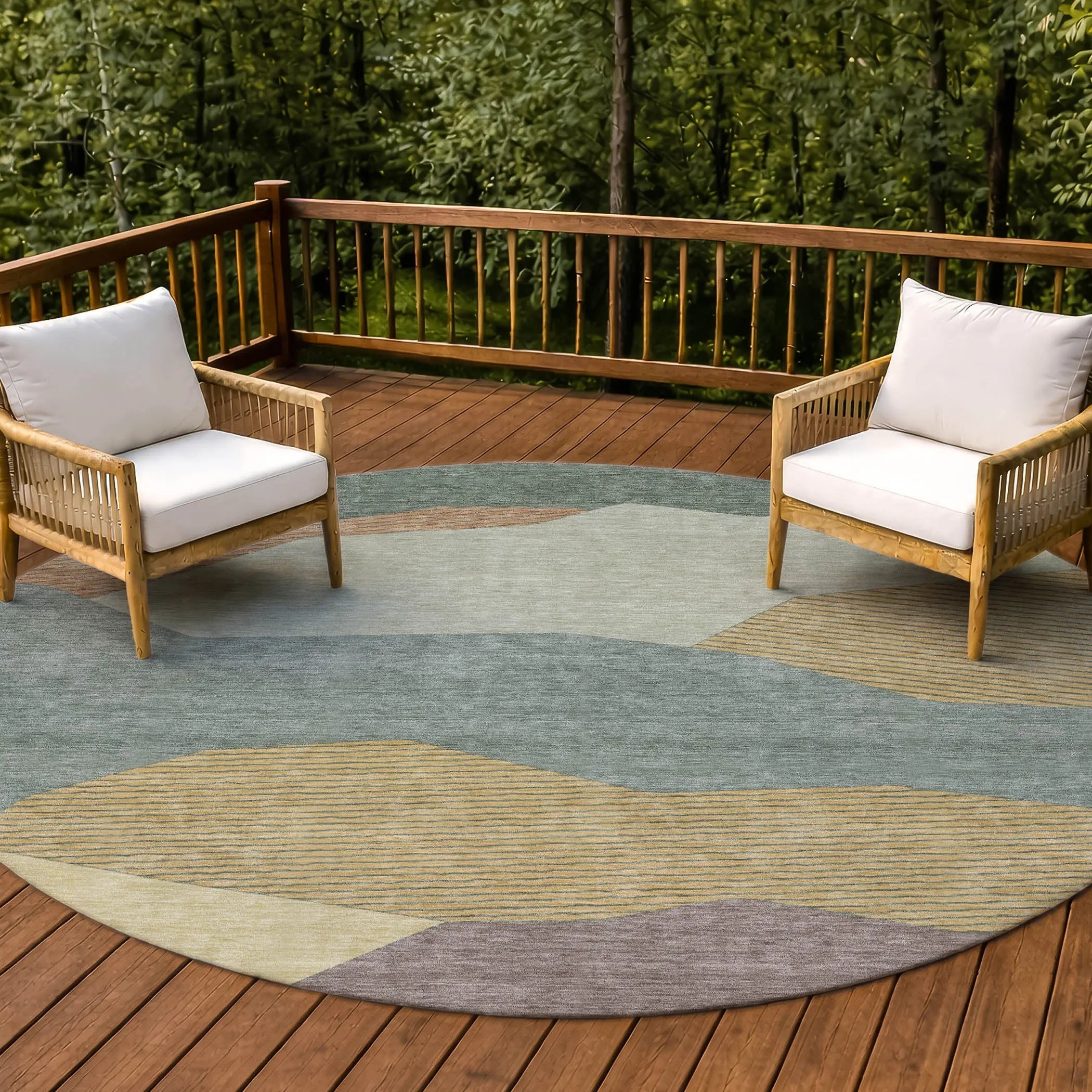 8' Green And Taupe Round Geometric Washable Indoor Outdoor Area Rug Homeroots Outdoor