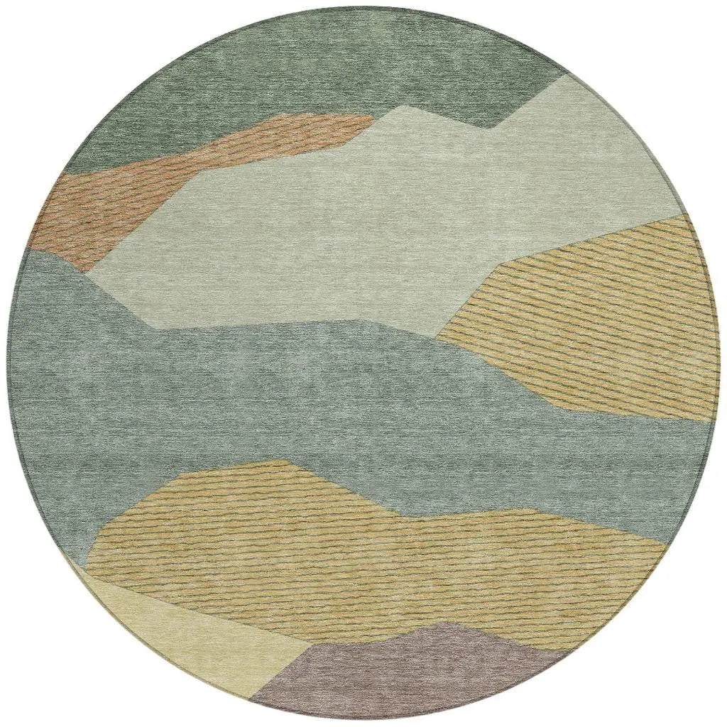 8' Green And Taupe Round Geometric Washable Indoor Outdoor Area Rug Homeroots Outdoor
