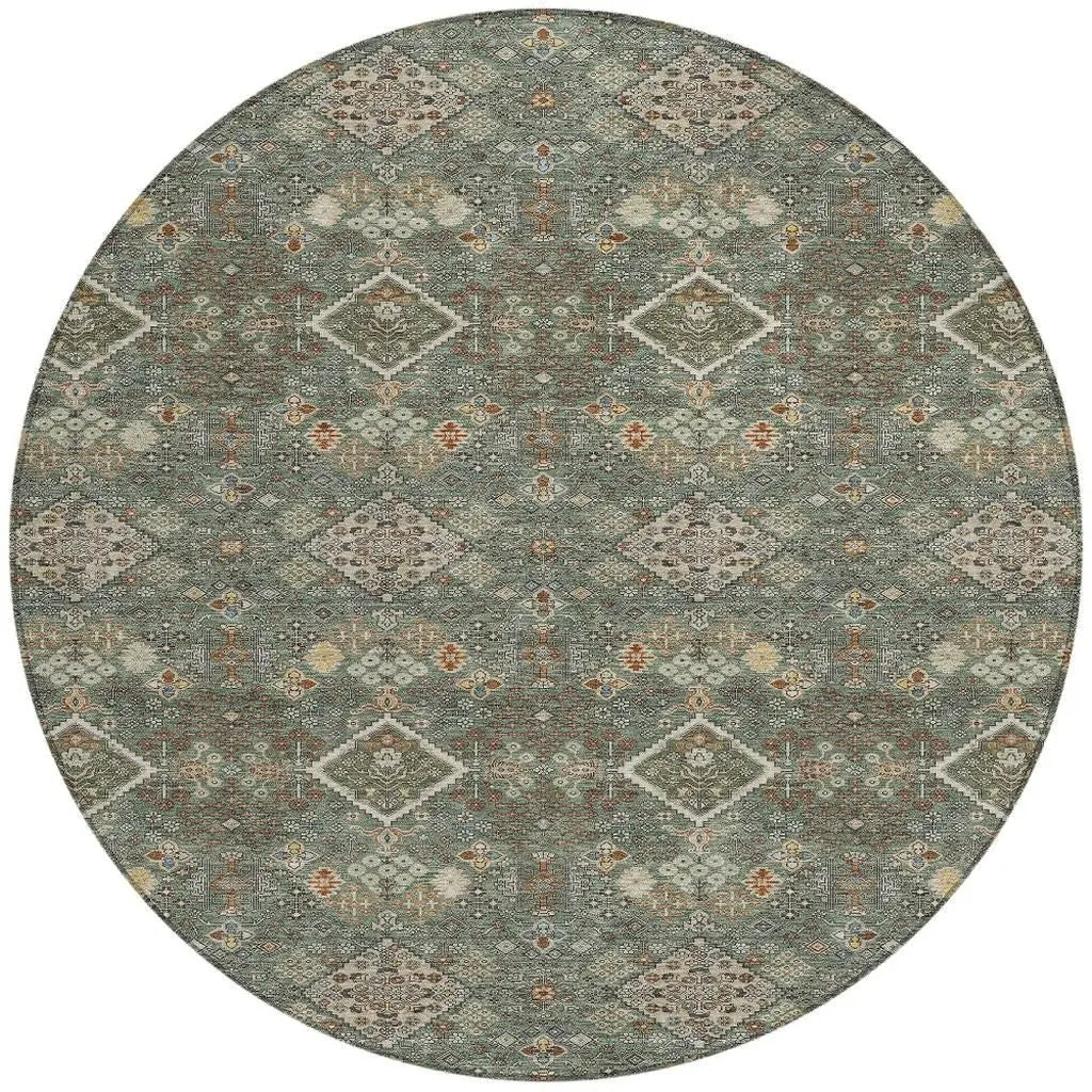 8' Green And Taupe Round Geometric Washable Indoor Outdoor Area Rug Homeroots Outdoor