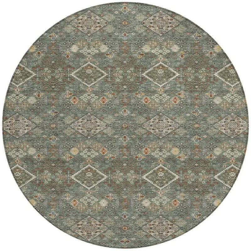 8' Green And Taupe Round Geometric Washable Indoor Outdoor Area Rug Homeroots Outdoor