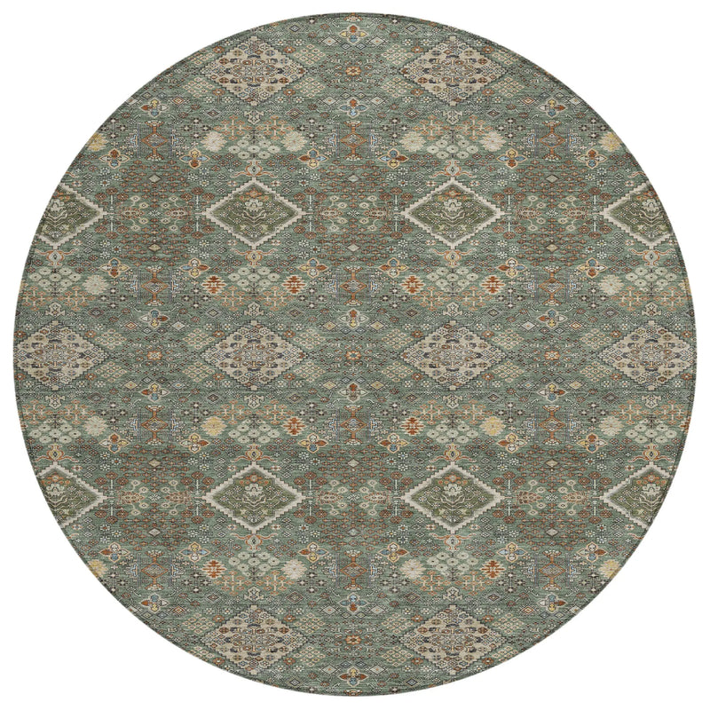8' Green And Taupe Round Geometric Washable Indoor Outdoor Area Rug Homeroots Outdoor