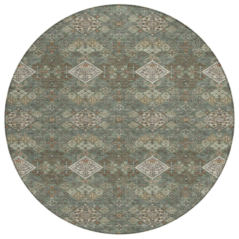8' Green And Taupe Round Geometric Washable Indoor Outdoor Area Rug Homeroots Outdoor