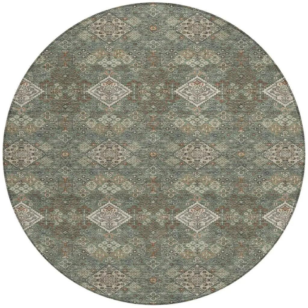8' Green And Taupe Round Geometric Washable Indoor Outdoor Area Rug Homeroots Outdoor