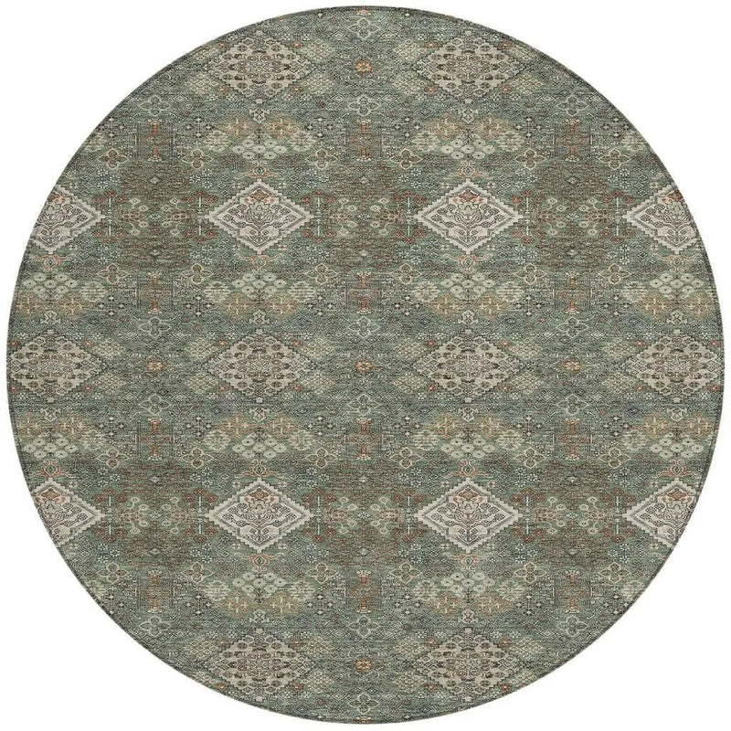 8' Green And Taupe Round Geometric Washable Indoor Outdoor Area Rug Homeroots Outdoor