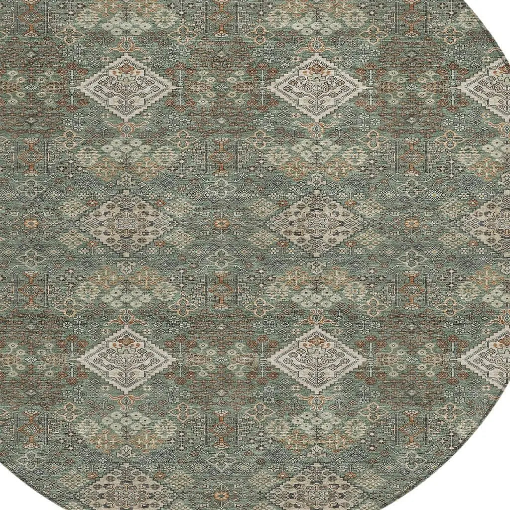 8' Green And Taupe Round Geometric Washable Indoor Outdoor Area Rug Homeroots Outdoor