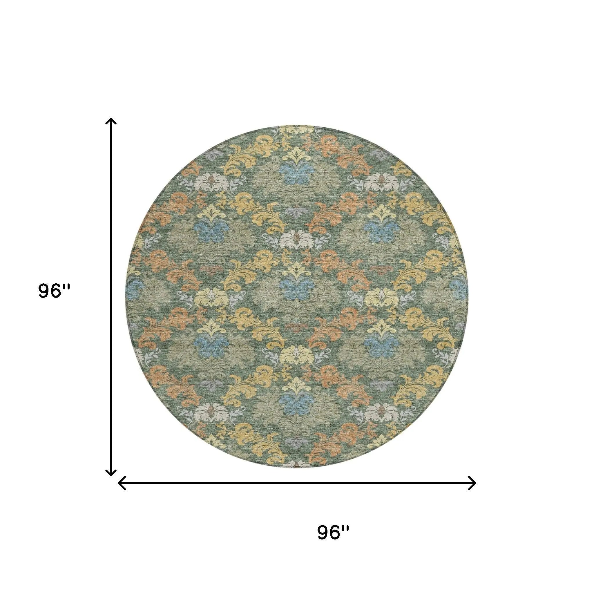 8' Green And Teal Blue Round Damask Washable Indoor Outdoor Area Rug Homeroots Outdoor