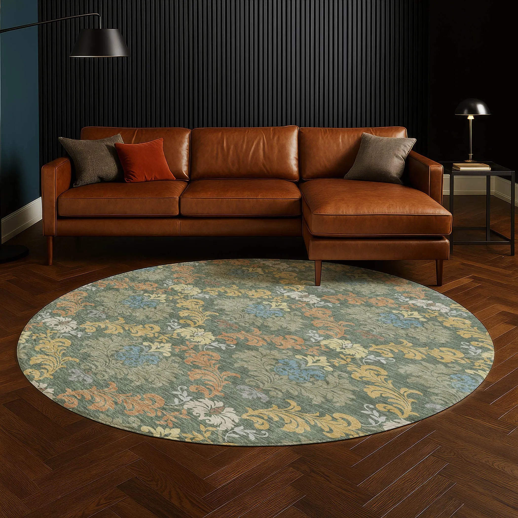 8' Green And Teal Blue Round Damask Washable Indoor Outdoor Area Rug Homeroots Outdoor