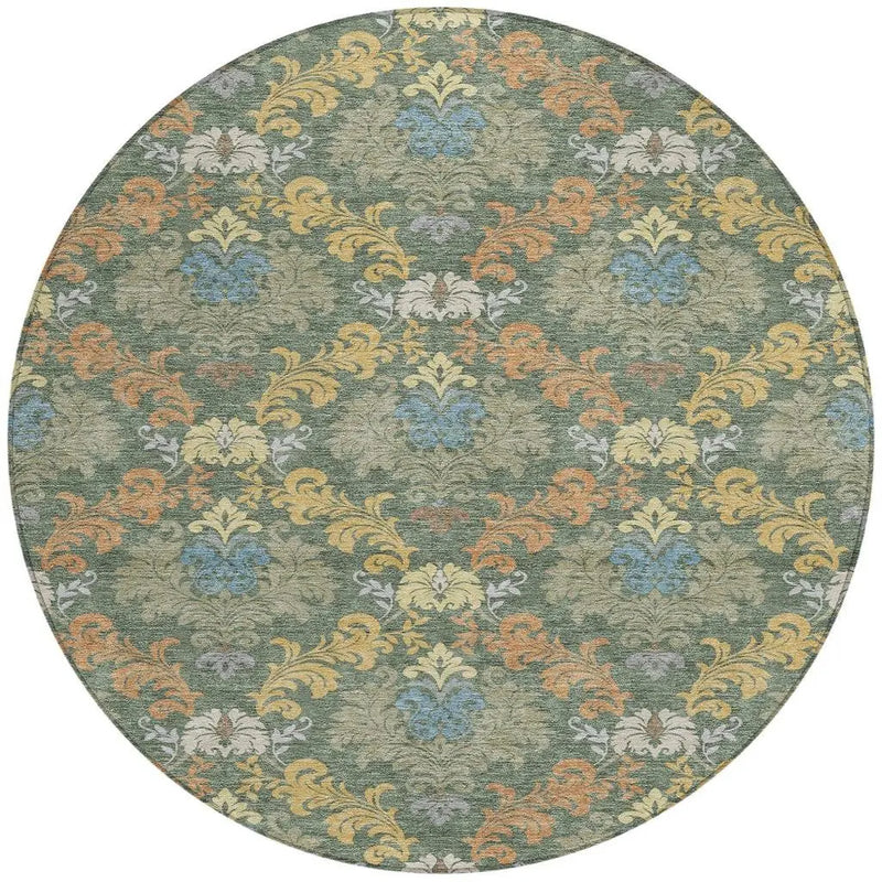 8' Green And Teal Blue Round Damask Washable Indoor Outdoor Area Rug Homeroots Outdoor