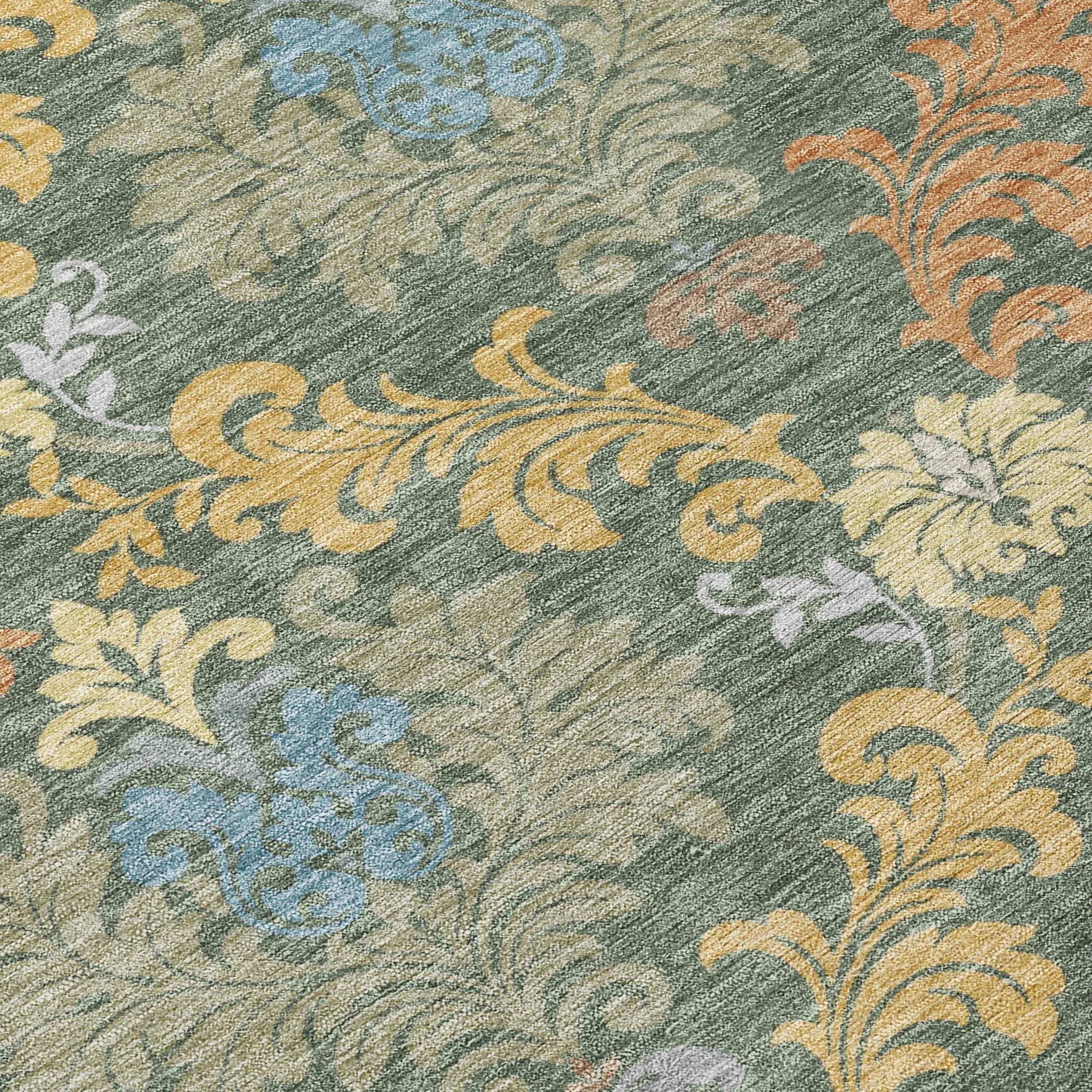 8' Green And Teal Blue Round Damask Washable Indoor Outdoor Area Rug Homeroots Outdoor