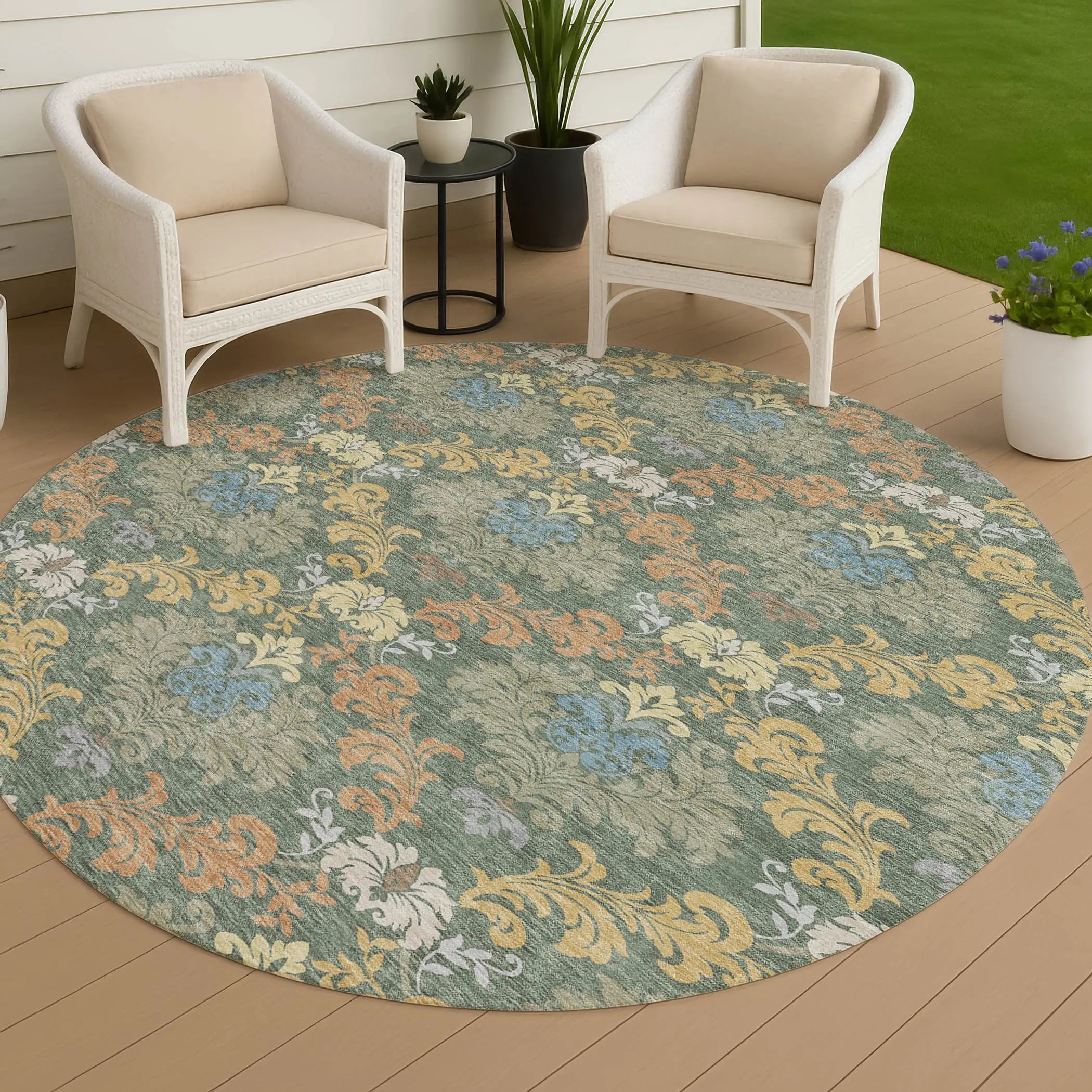 8' Green And Teal Blue Round Damask Washable Indoor Outdoor Area Rug Homeroots Outdoor