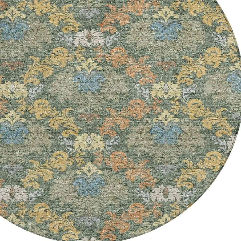 8' Green And Teal Blue Round Damask Washable Indoor Outdoor Area Rug Homeroots Outdoor