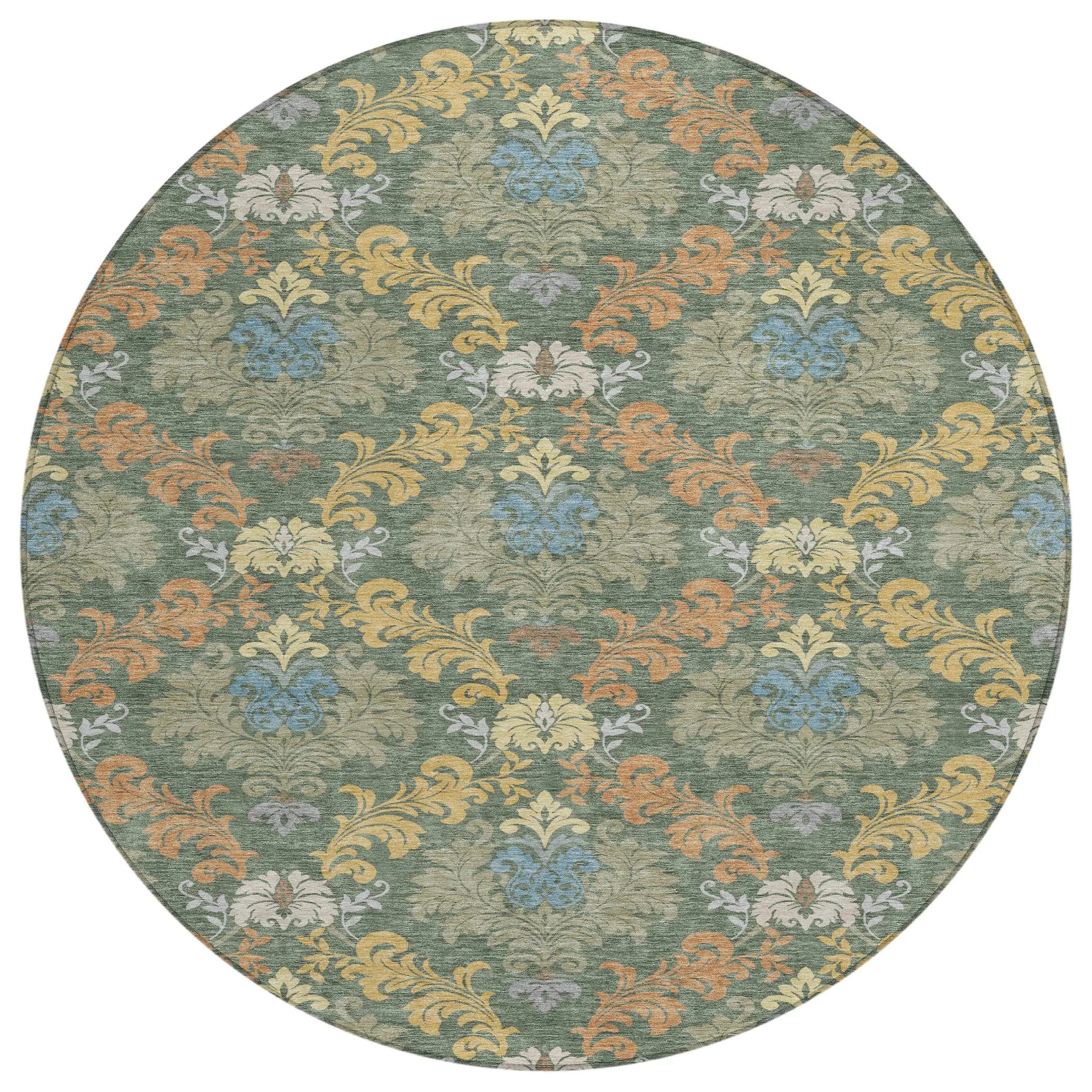8' Green And Teal Blue Round Damask Washable Indoor Outdoor Area Rug Homeroots Outdoor