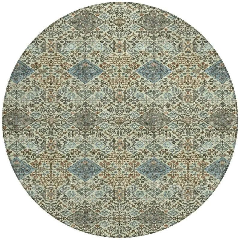 8' Green And Teal Blue Round Geometric Washable Indoor Outdoor Area Rug Homeroots Outdoor