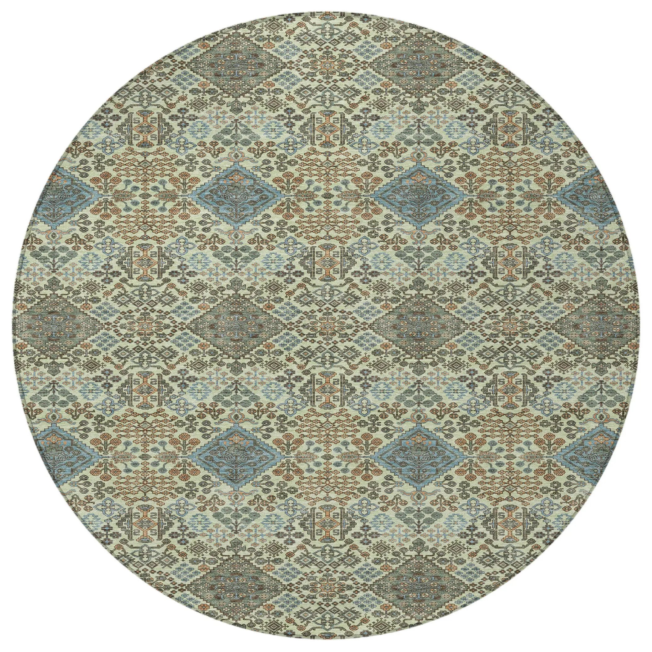 8' Green And Teal Blue Round Geometric Washable Indoor Outdoor Area Rug Homeroots Outdoor