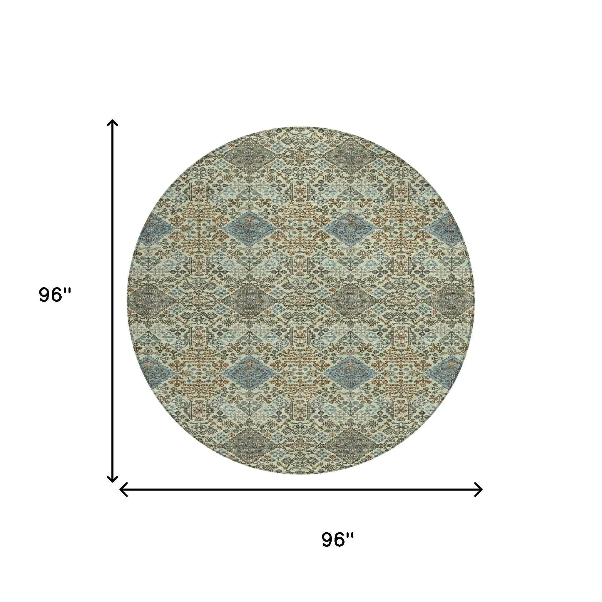 8' Green And Teal Blue Round Geometric Washable Indoor Outdoor Area Rug Homeroots Outdoor