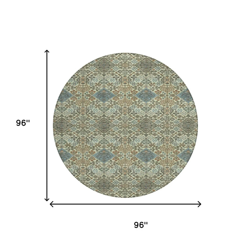 8' Green And Teal Blue Round Geometric Washable Indoor Outdoor Area Rug Homeroots Outdoor
