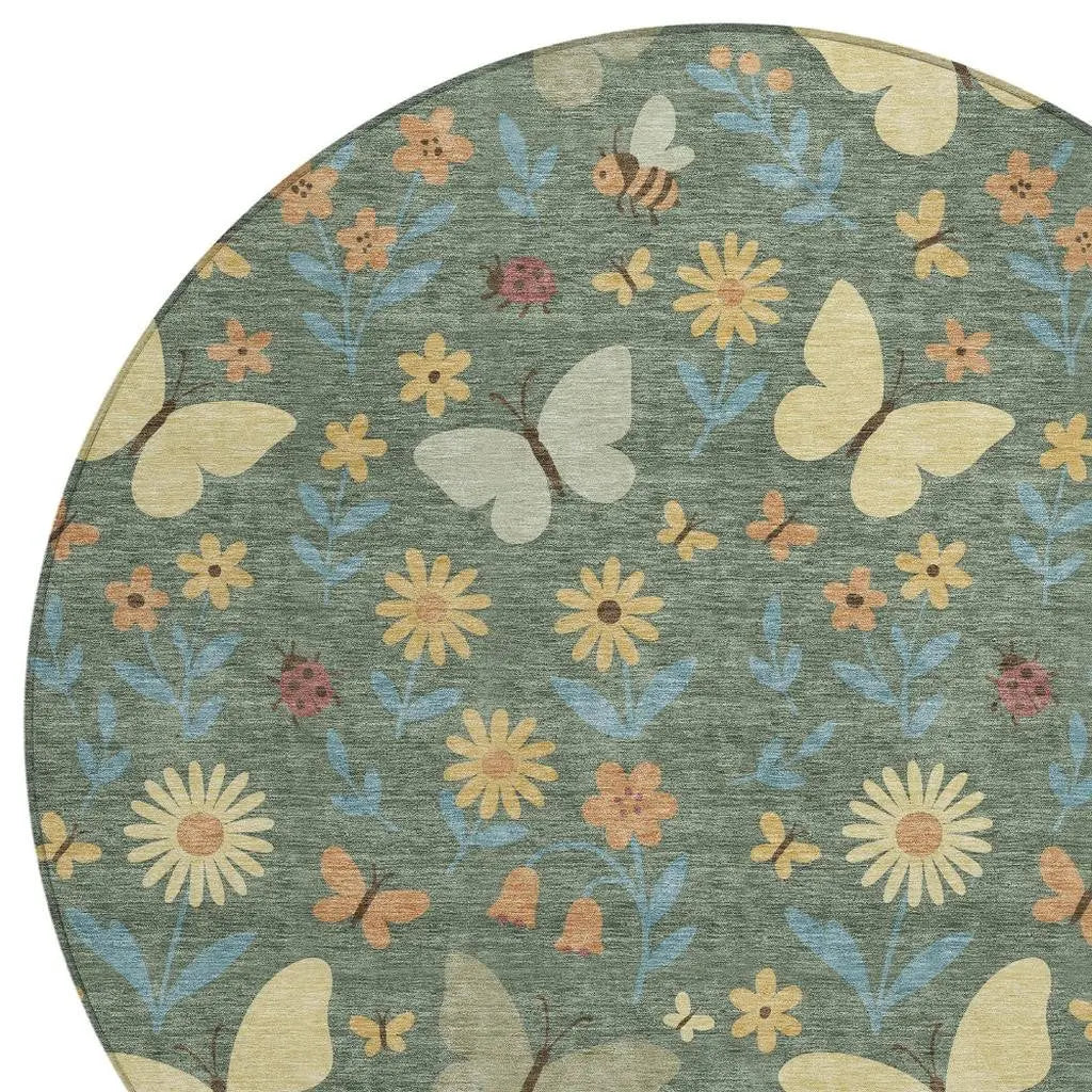 8' Green And Wheat Round Abstract Washable Indoor Outdoor Area Rug Homeroots Outdoor