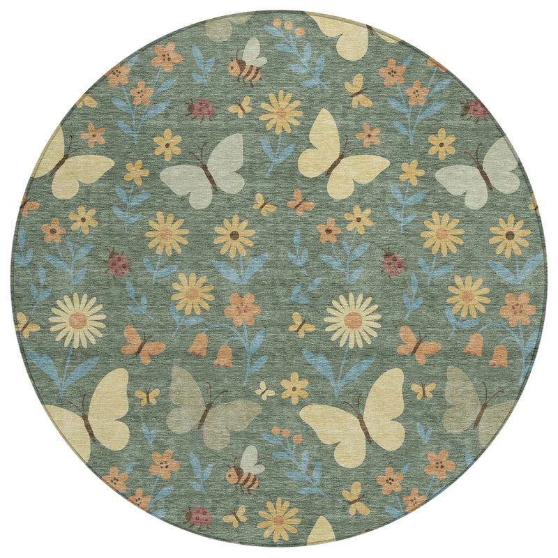 8' Green And Wheat Round Abstract Washable Indoor Outdoor Area Rug Homeroots Outdoor