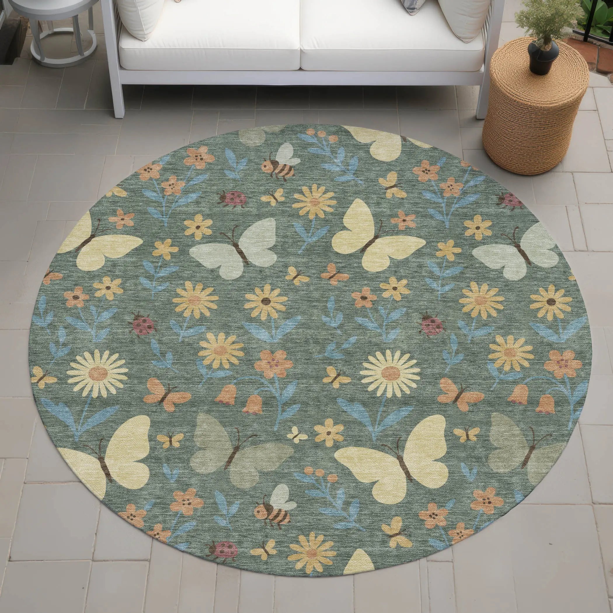 8' Green And Wheat Round Abstract Washable Indoor Outdoor Area Rug Homeroots Outdoor