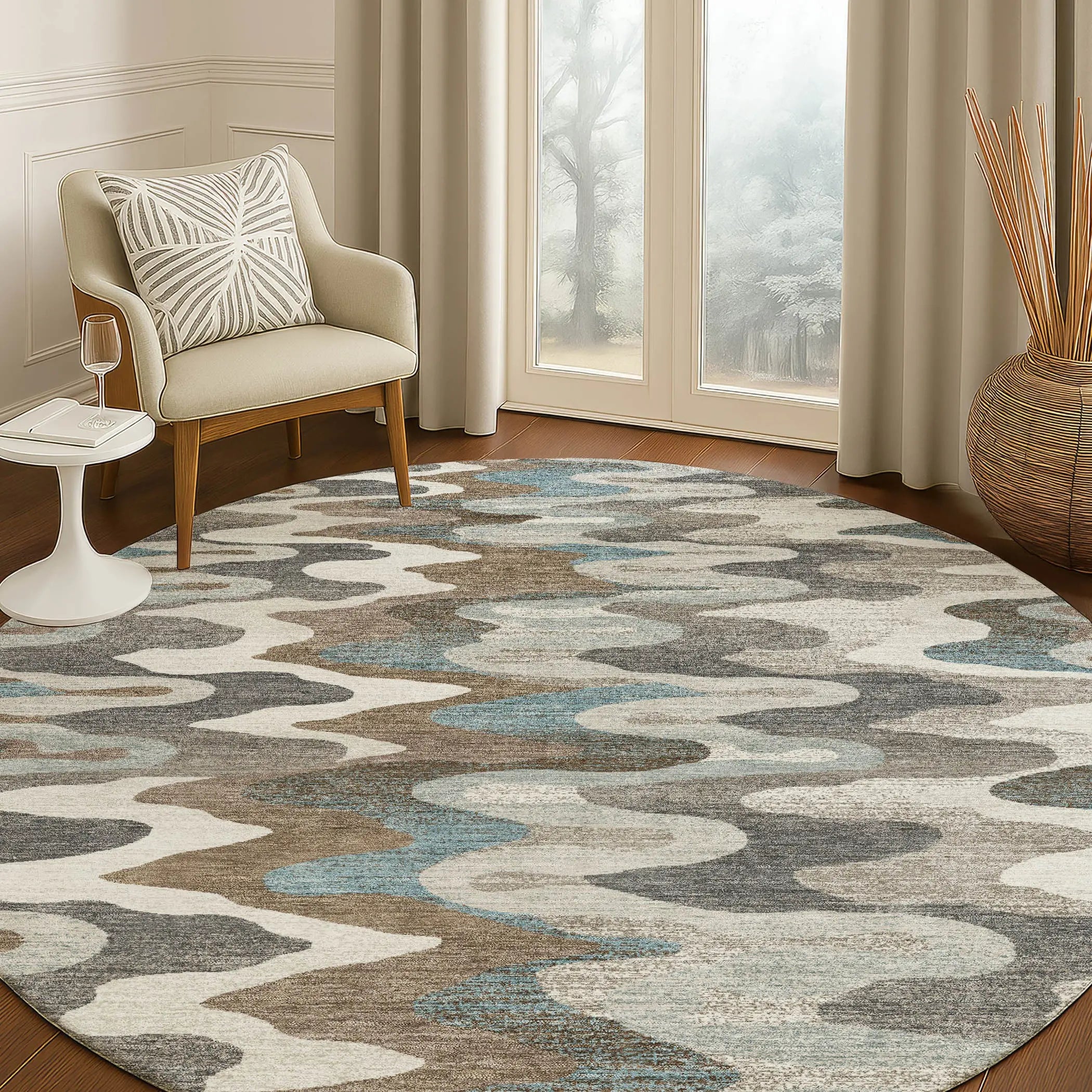 8' Ivory And Beige Round Abstract Washable Indoor Outdoor Area Rug Homeroots Outdoor