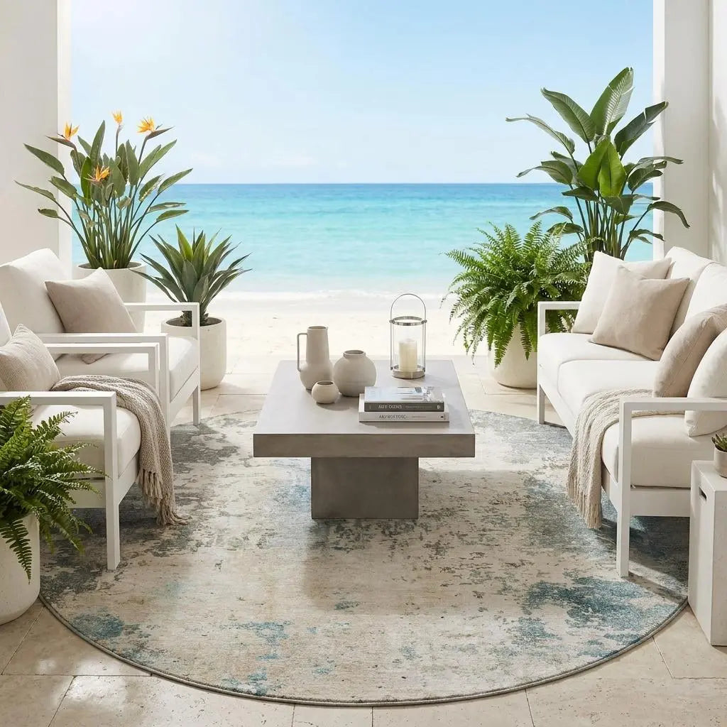 8' Ivory And Beige Round Abstract Washable Indoor Outdoor Area Rug Homeroots Outdoor