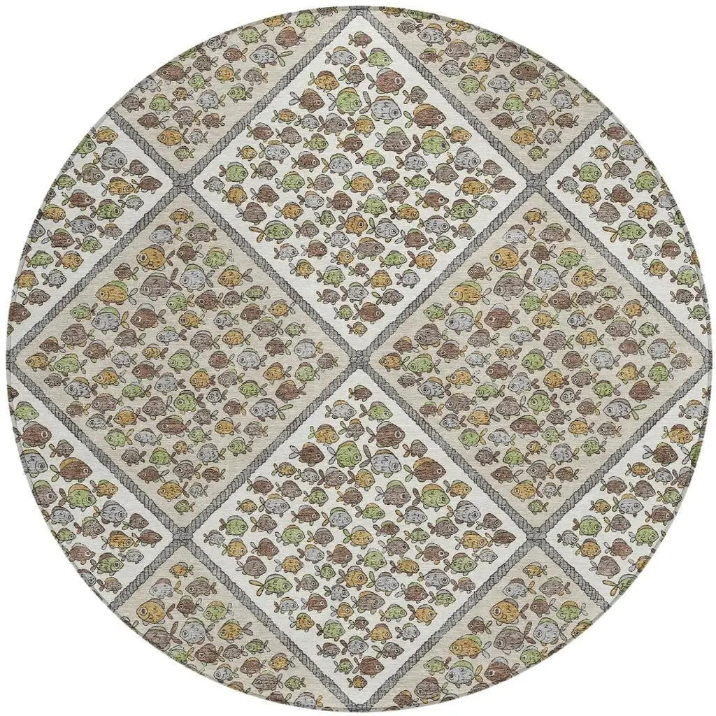 8' Ivory And Beige Round Abstract Washable Indoor Outdoor Area Rug Homeroots Outdoor