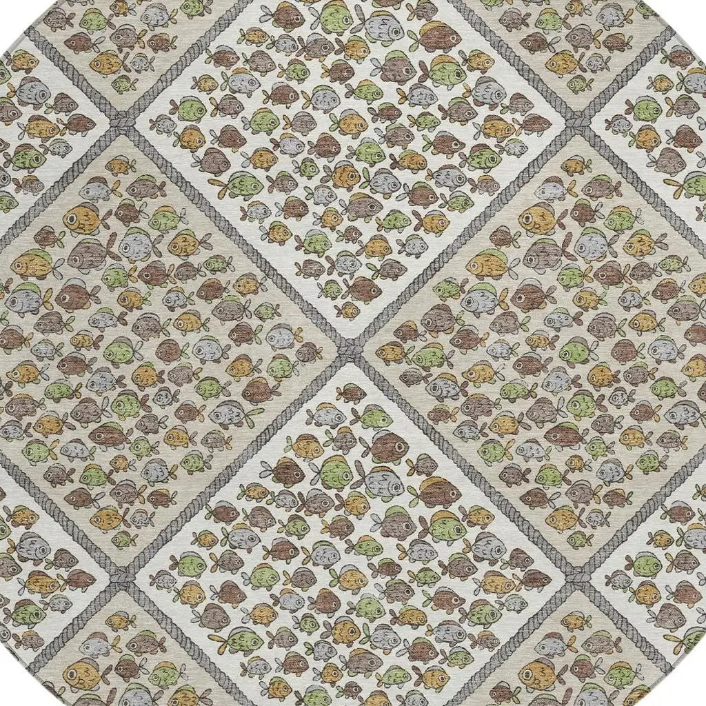 8' Ivory And Beige Round Abstract Washable Indoor Outdoor Area Rug Homeroots Outdoor