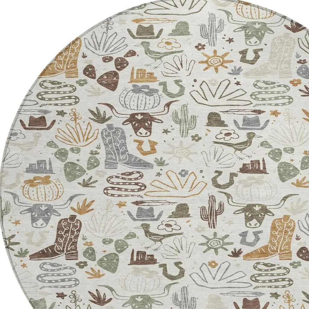 8' Ivory And Beige Round Cactus Washable Indoor Outdoor Area Rug Homeroots Outdoor