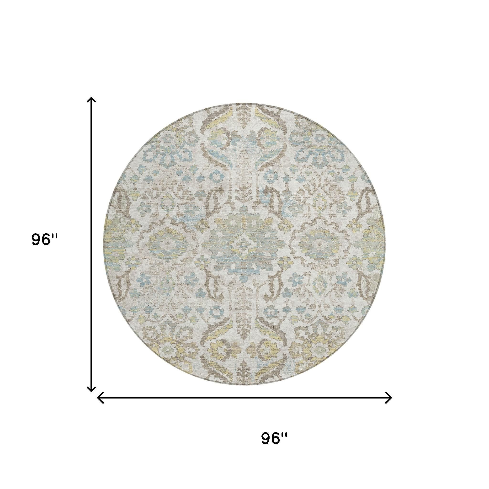 8' Ivory And Beige Round Damask Washable Indoor Outdoor Area Rug Homeroots Outdoor